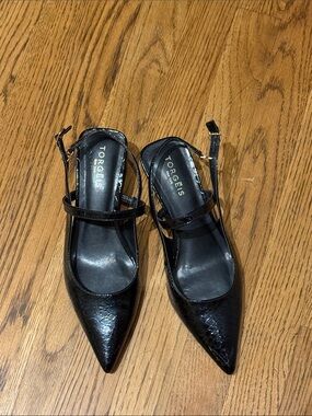 Torgeis Black Pointed Slingback Heels with Ankle Strap